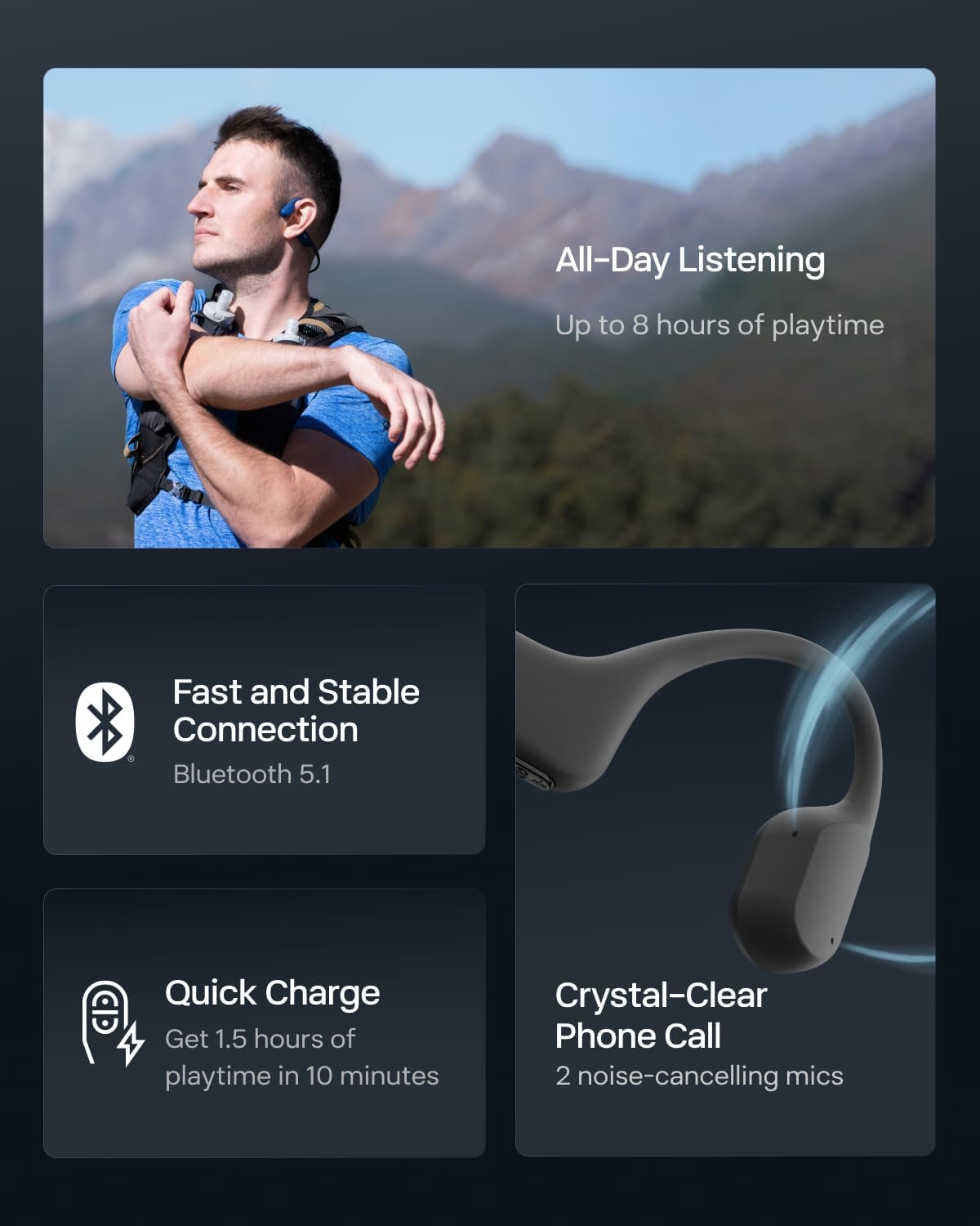 SHOKZ OpenRun Mini - Bone Conduction Headphones,Open-Ear Bluetooth Wireless Sport Headphones for Running & Workout,Sweat Resistant, Long 8H Playtime,Mic,with Hair Band-Blue (Pack of 2) - Image 8