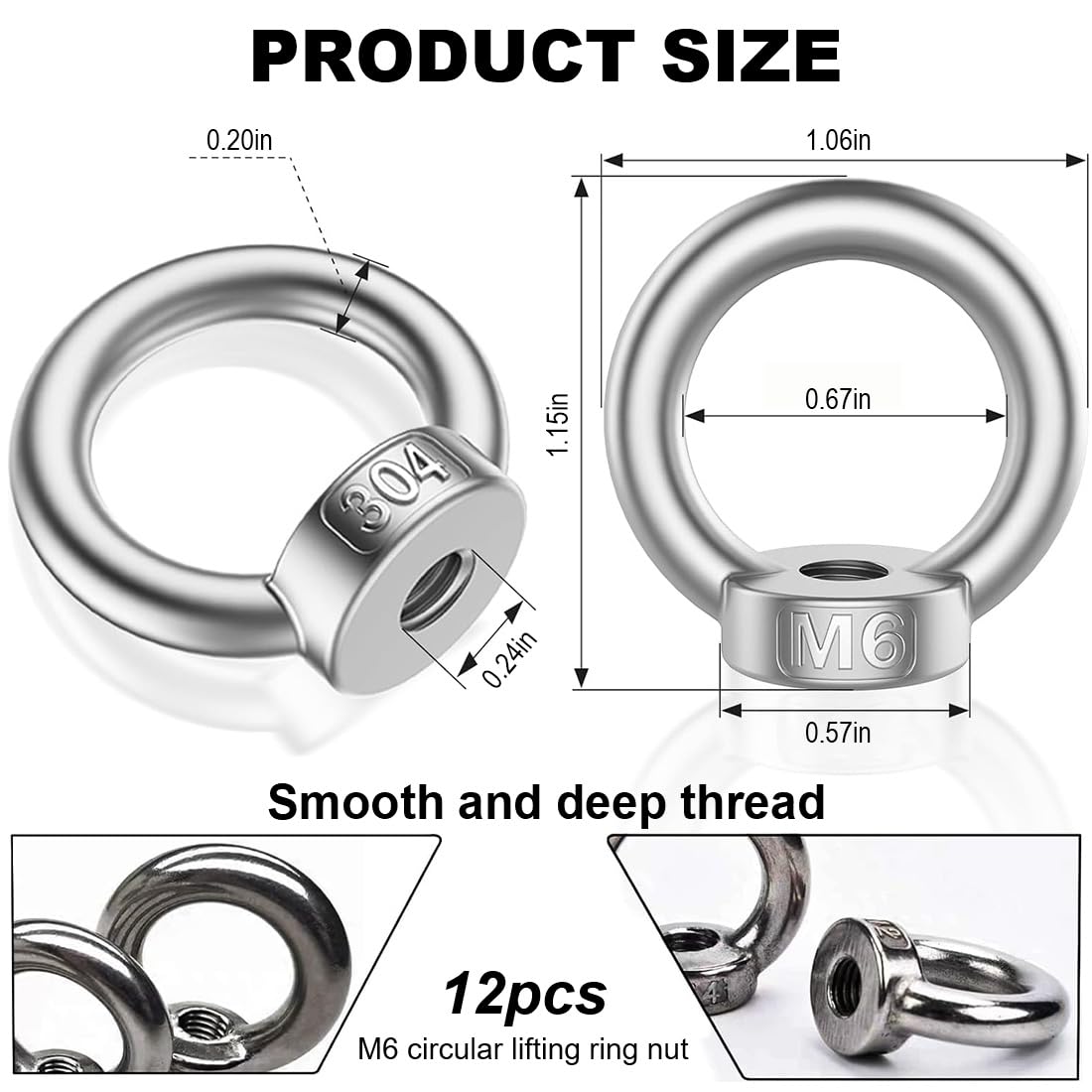 Aililong Dadi ad anello M6-12 pezzi 304 in acciaio inox, dadi ad anello hardware per accessori di sollevamento e sospensioni per interni ed esterni
