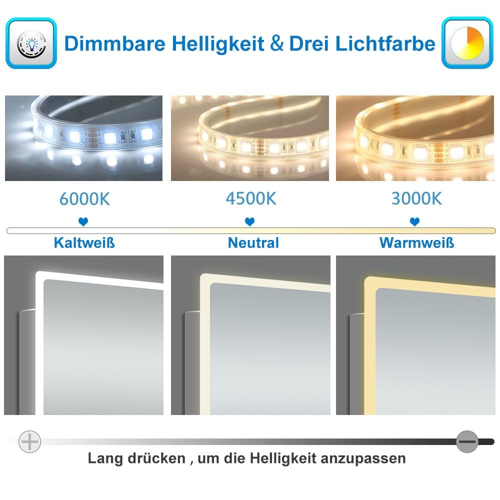 LED Wandspiegel 140x80cm Touchschalter Beschlagfrei Badspiegel mit Beleuchtung Bluetooth Uhr 3X Schminkspiegel 3 Lichtfarbe 3000-6500K Dimmbar IP44