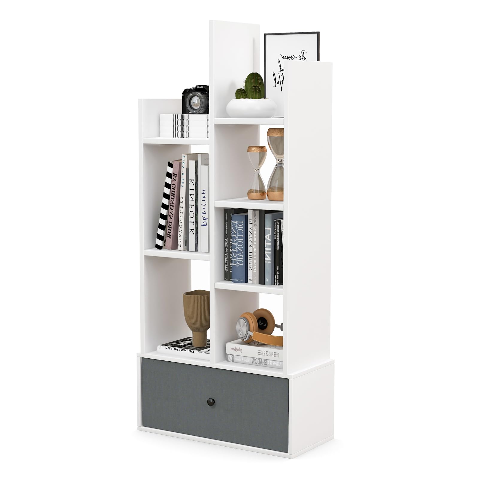 HOMASIS Libreria a 7 Livelli Con Cassetto, Scaffale Verticale Bianco da Terra in Legno, d'Angolo per Soggiorno, Ufficio, Camera da Letto, 53 x 24 x 118 cm