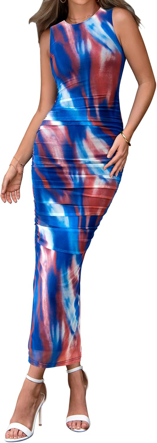 BTFBM Women Bodycon Maxi Dresses 2025 Summer Sleeveless Floral Ruched Slit Mesh Party Cocktail Wedding Guest Tank Dress