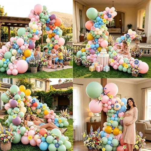 Image of Blue Green Pink Balloon Arch with Cosmos Kelsang Flowers Double Stuffed Pastel Green Purple Yellow Beige Balloons for Wildflower Baby Shower Easter Spring Tea Gender Reveal Bridal Party Decor