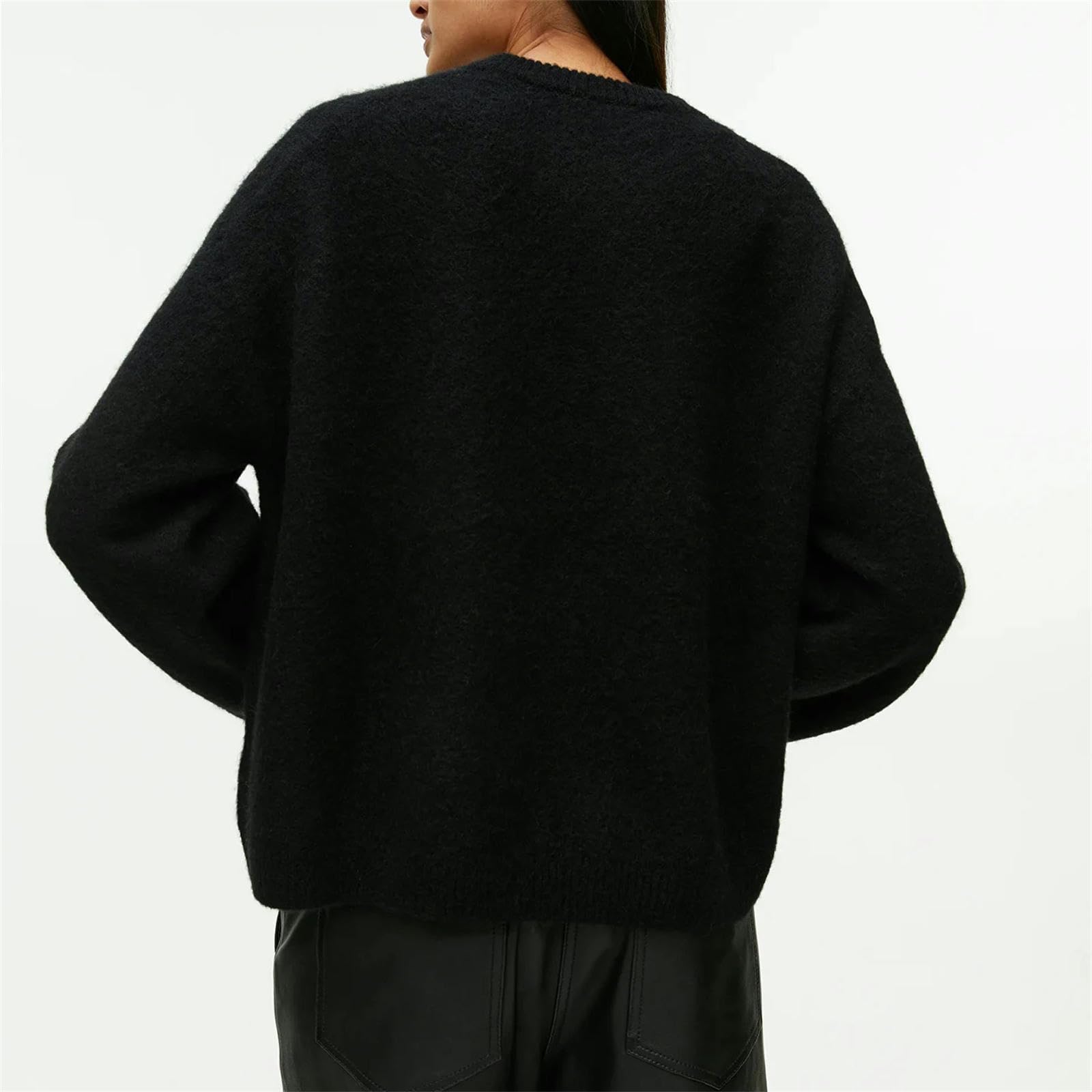 Sweter O Neck Lampion Rękaw Sweter Kobiety Dzianinowe Swetry Damskie Topy-Czarny-M
