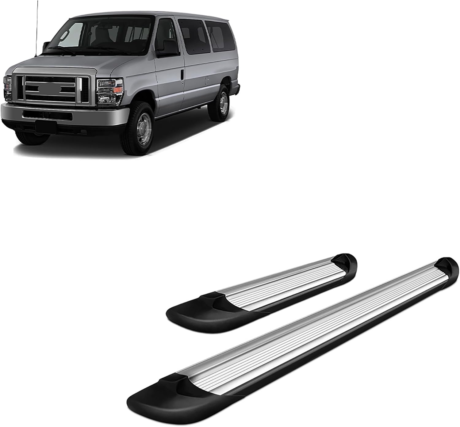 Black Horse Transporter Running Boards Silver Compatible with 02-14 Ford E-150|07-08 E-150 Econoline|99-05 E-150/E-350 Econoline CW|03-14 E-250|02-05 E-350 CW|99-00 E-350 Econoline-TR-F53596S