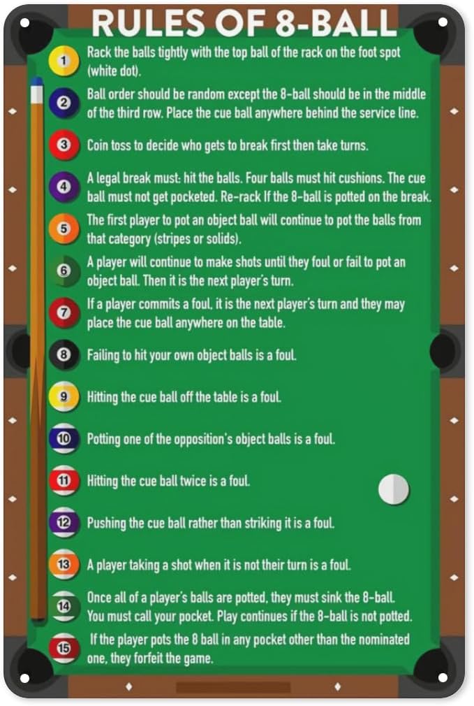 8 Ball Billiard Rules 8 Ball Billiards Pool Table Room Decoration Metal Tin Sign Wall Sign Home Bedroom Coffee Shop Sign Vintage Plaque Kitchen Home Wall Decor 8x12 inch