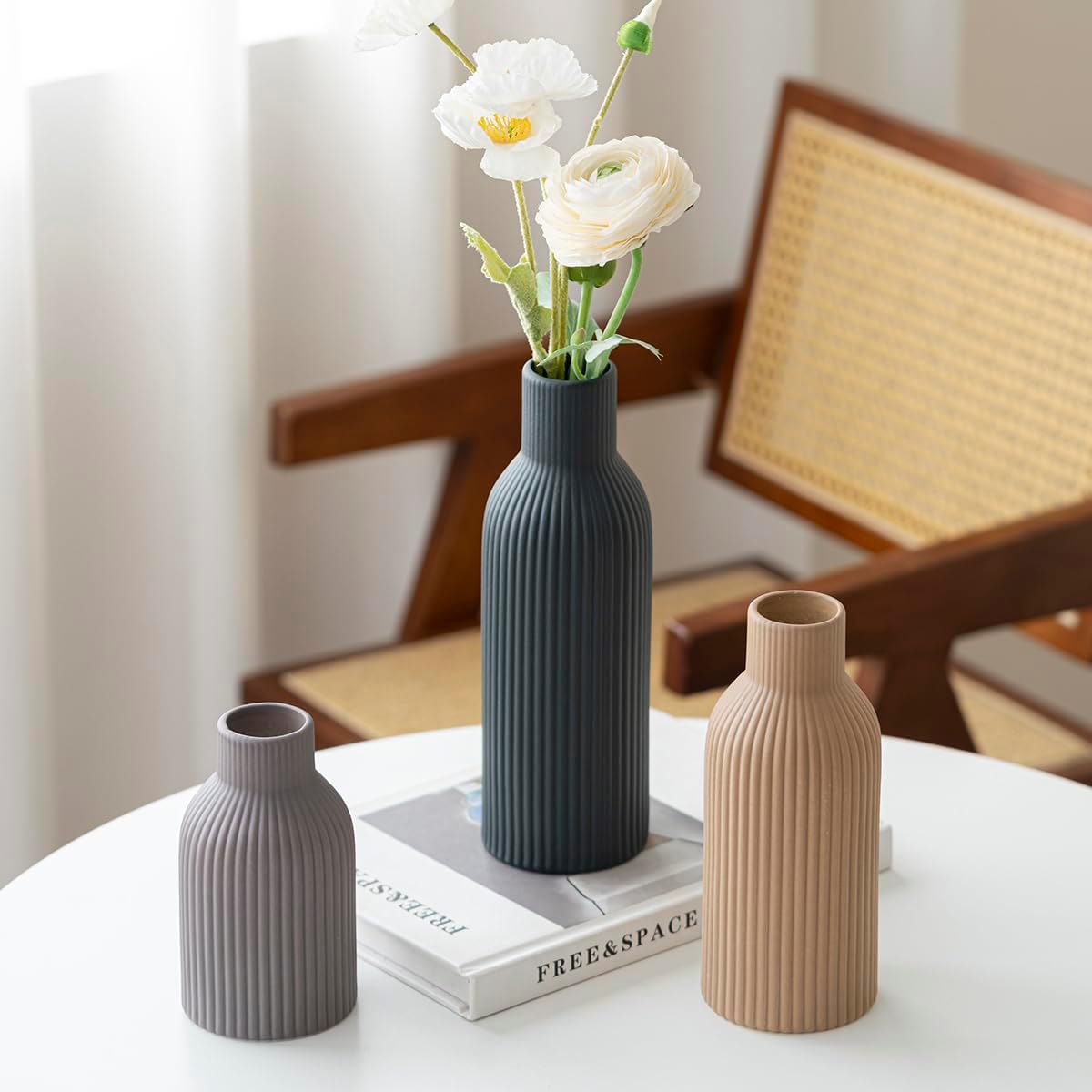 Modern Ceramic Vases Set of 3, Black Ribbed Decorative Vases, Shelf Table Centerpiece for Home Decor (Black Mix) image 6 of 9 B0F11HJQTW