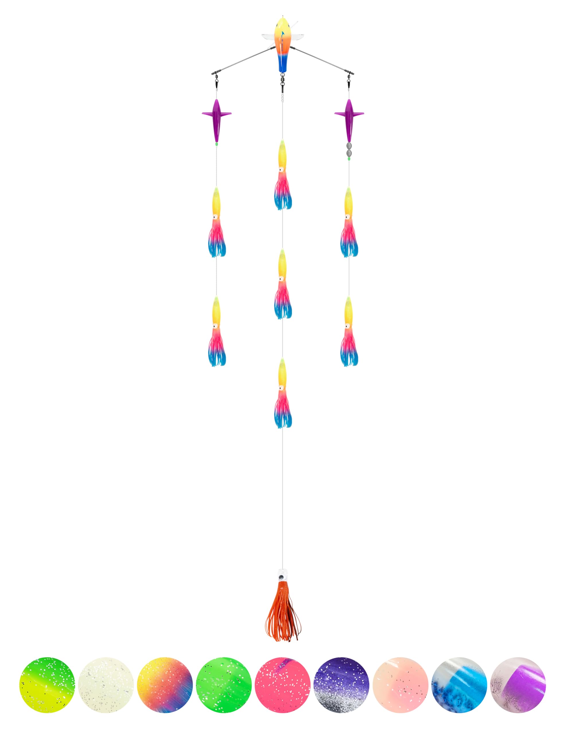 BLUEWING 18in Upgraded Fishing Spreader Bar Starboard Canyon with 9in Floating Squids, Trolling Birds, Big Game Trolling Lure and 316 Stainless Steel Rod for Wahoo Tuna Marlin Mahi Mahi, Rainbow — image 1