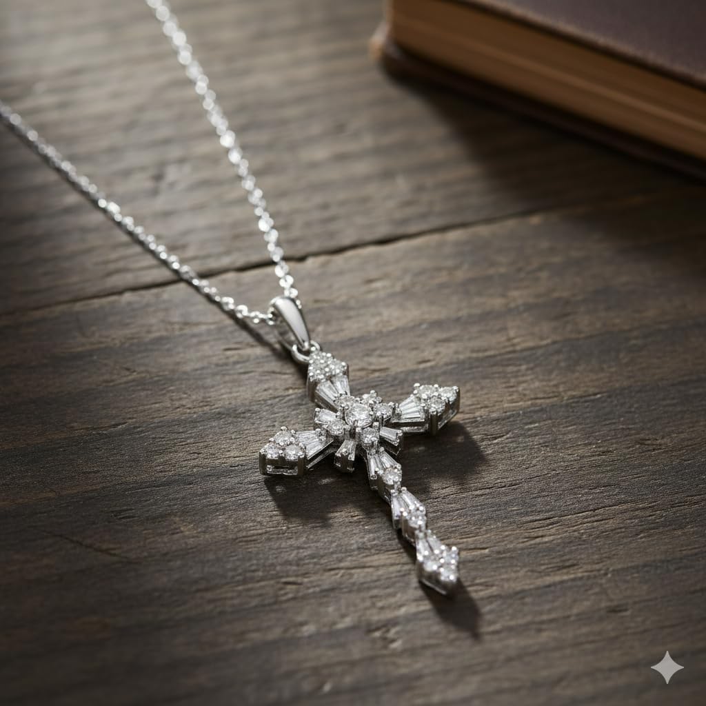 Jewelili 10K White/Yellow Gold Cross Pendant Necklace for Women | 1/2 CTW Natural White Round & Baguette Diamonds | 18" Rope Chain | Dainty & Timeless Fine Jewelry