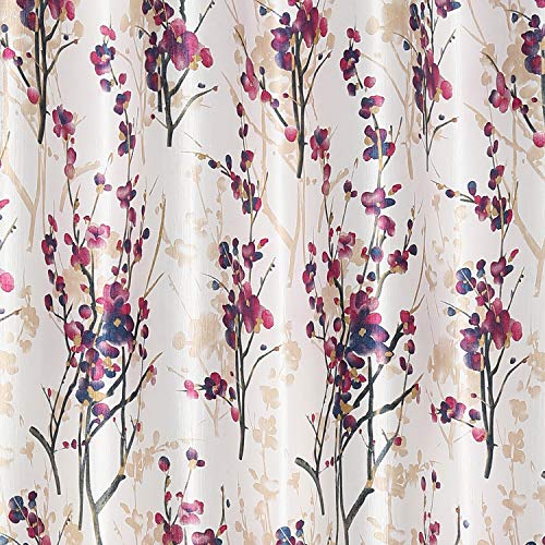 Image of 8 Feet Polyester Floral Light Filtering Door Curtains for Bedroom, Living Room & Hall, Eyelet Top, Wine Print & Solid Plain Curtain Set of 3