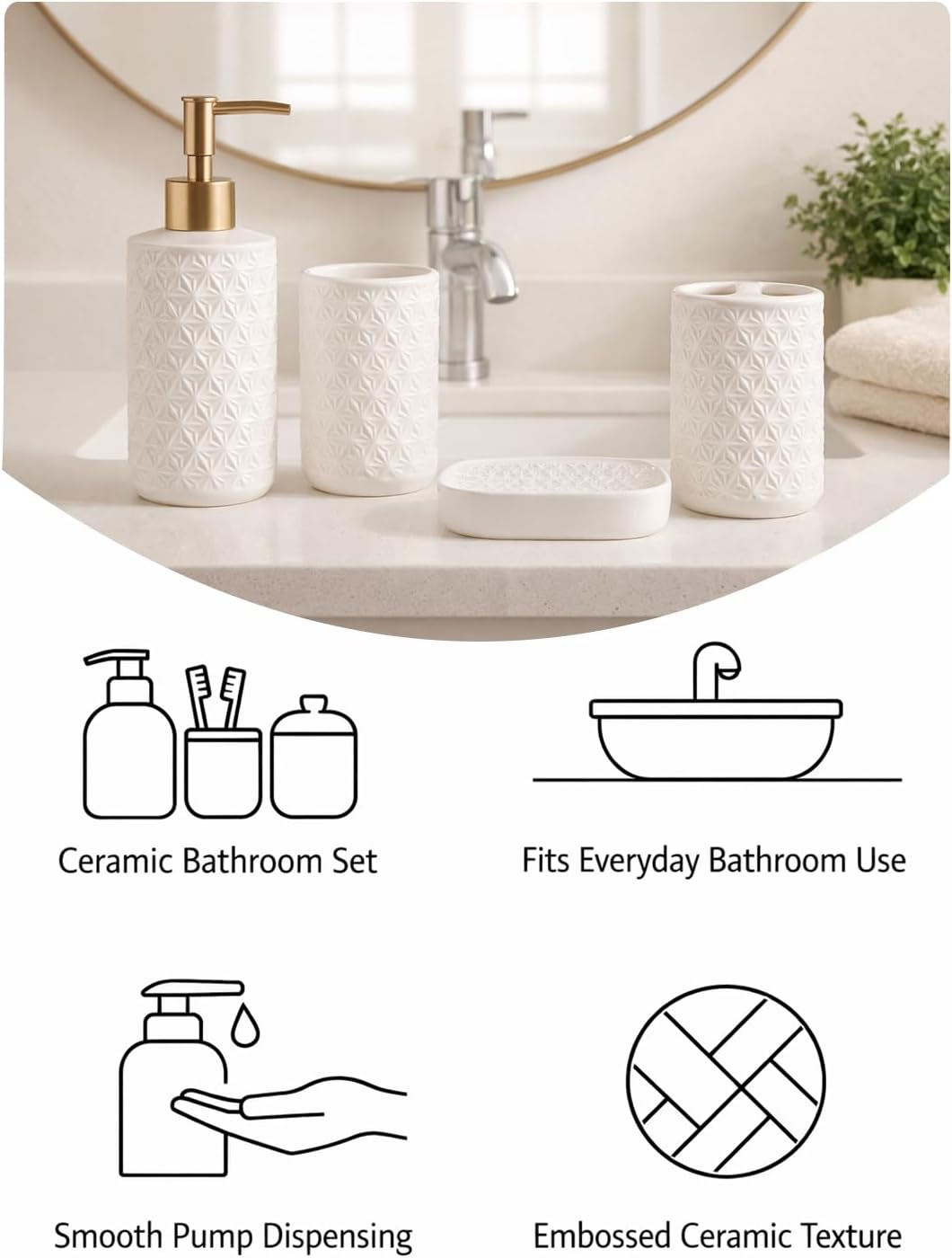 Ceramic Bathroom Accessories Set, 4 Pack Bathroom Ensemble for Bathroom Includes 1 Lotion Dispenser 1 Toothbrush Holder 1 Tumbler 1 Soap Dish (White) - Image 5