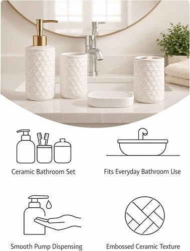 Miniatura 5 de Juego de accesorios de baño de cerámica, paquete de 4 conjuntos de baño para baño, incluye 1 dispensador de loción, 1 soporte para cepillo de