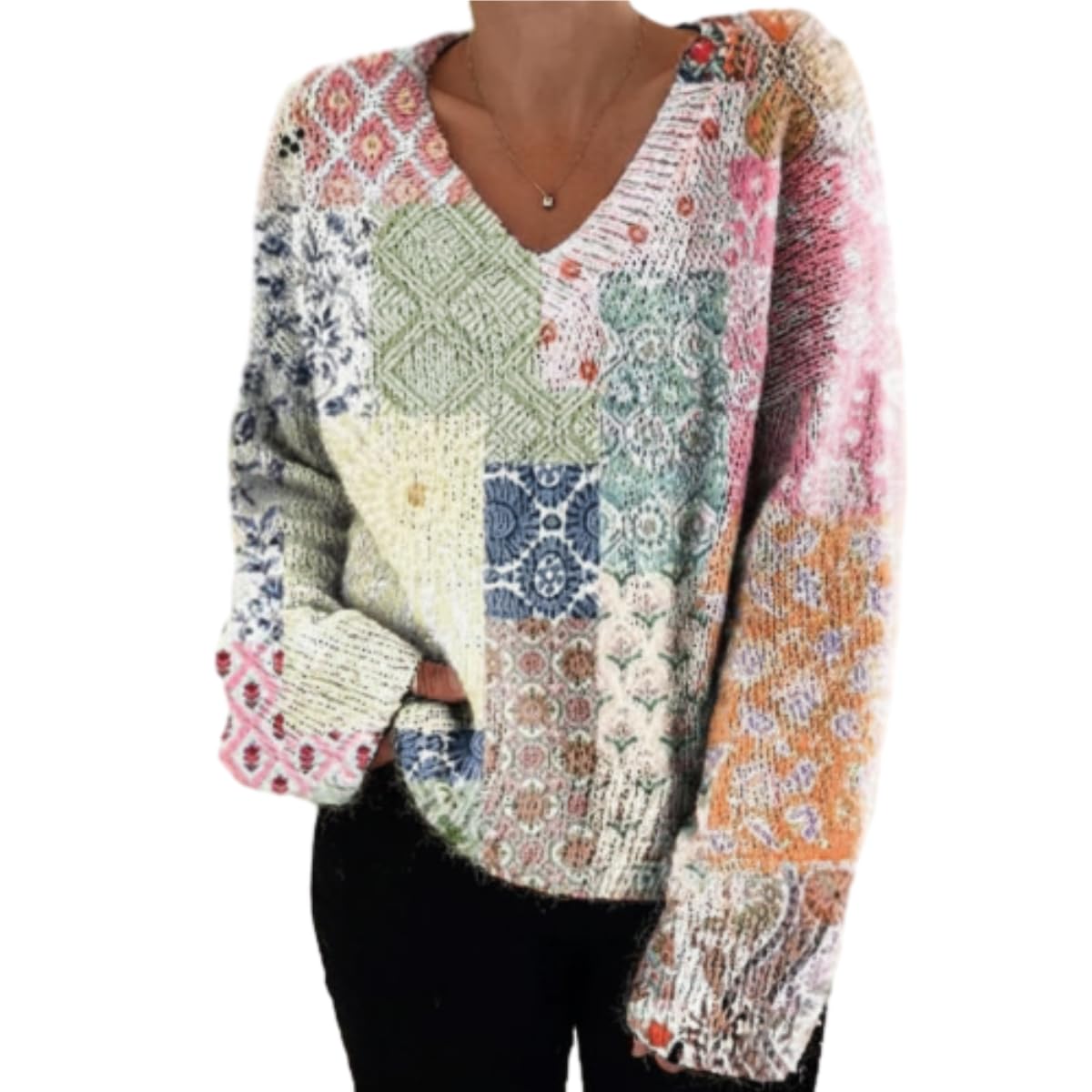 Womens V-Neck Knitted Sweater Long Sleeve Floral Pullover Casual Loose Fit Boho Top 2025