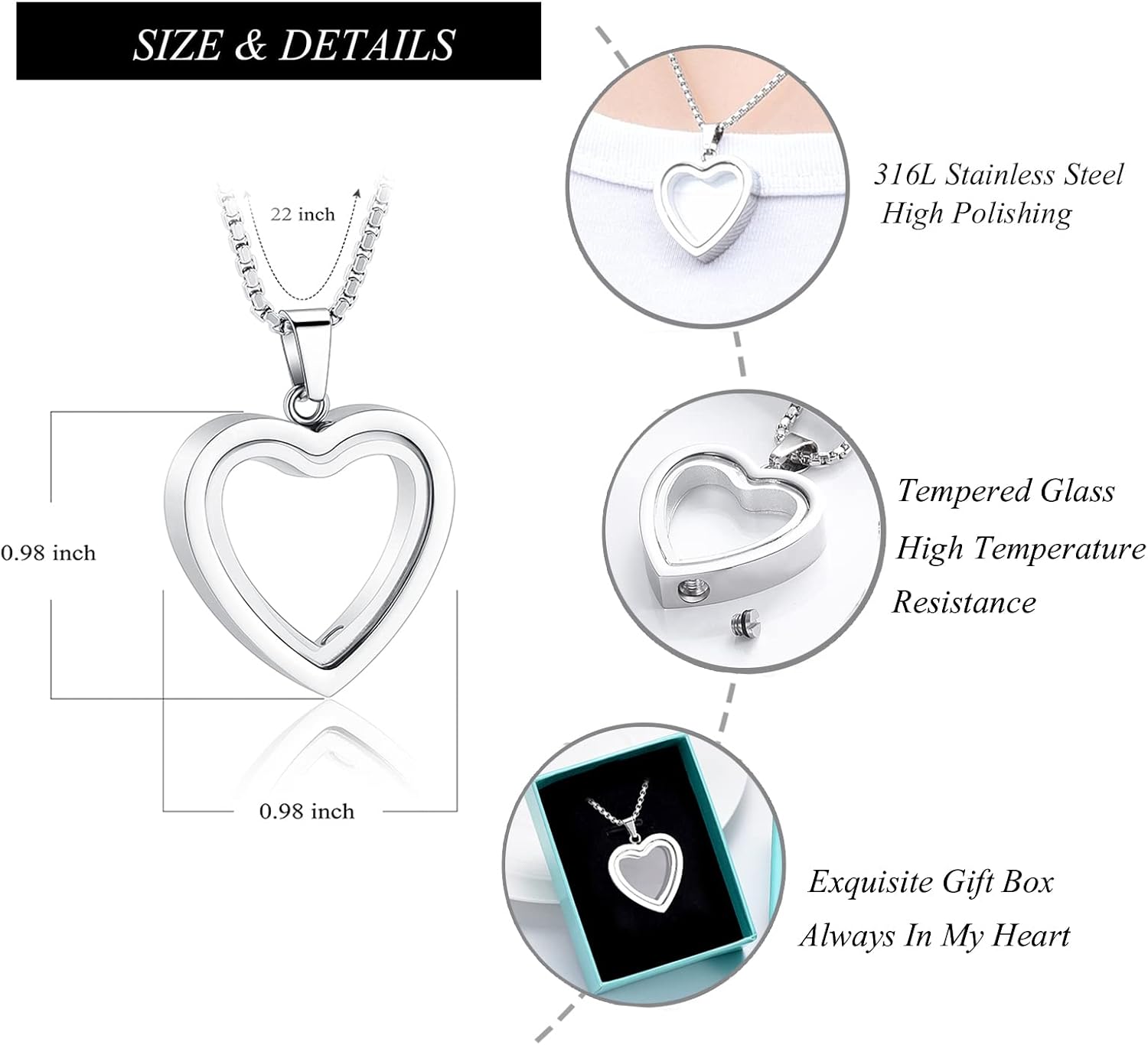 zeqingjw Glass Cremation Jewelry Necklace for Ashes Heart Memorial Lockets for Ashes Stainless Steel Keepsake Urn Ashes Pendants - Image 2