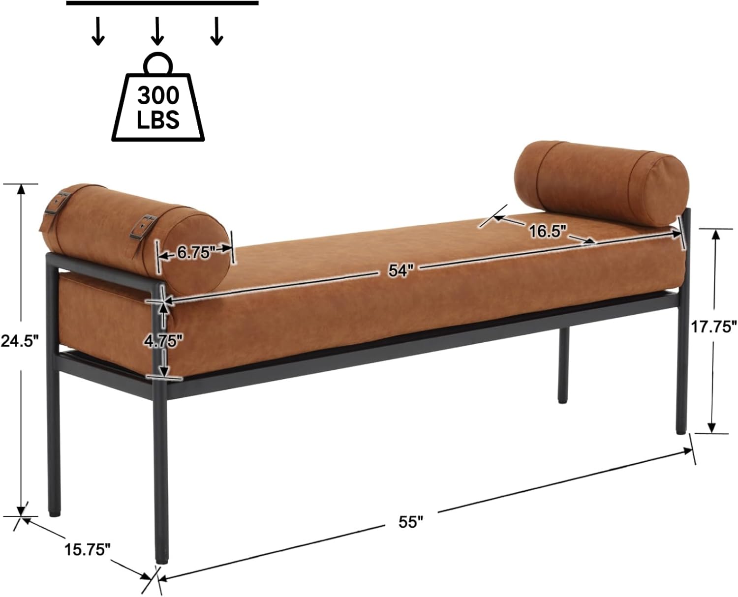 Leather Bed Bench 55 Inch Long Bedroom Bench Padded Upholstered Ottoman Bench with Removable Pillows Modern Rectangle Entryway Bench Seat for Living Room/Foyer, Brown