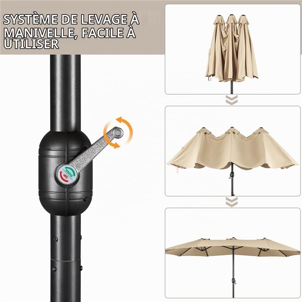 Yaheetech Parasol de Jardin Double Extérieur avec Base et Manivelle Sac de Rangement Parasol Triple Tête Terrasse Jardin Bord de la Mer Bistro