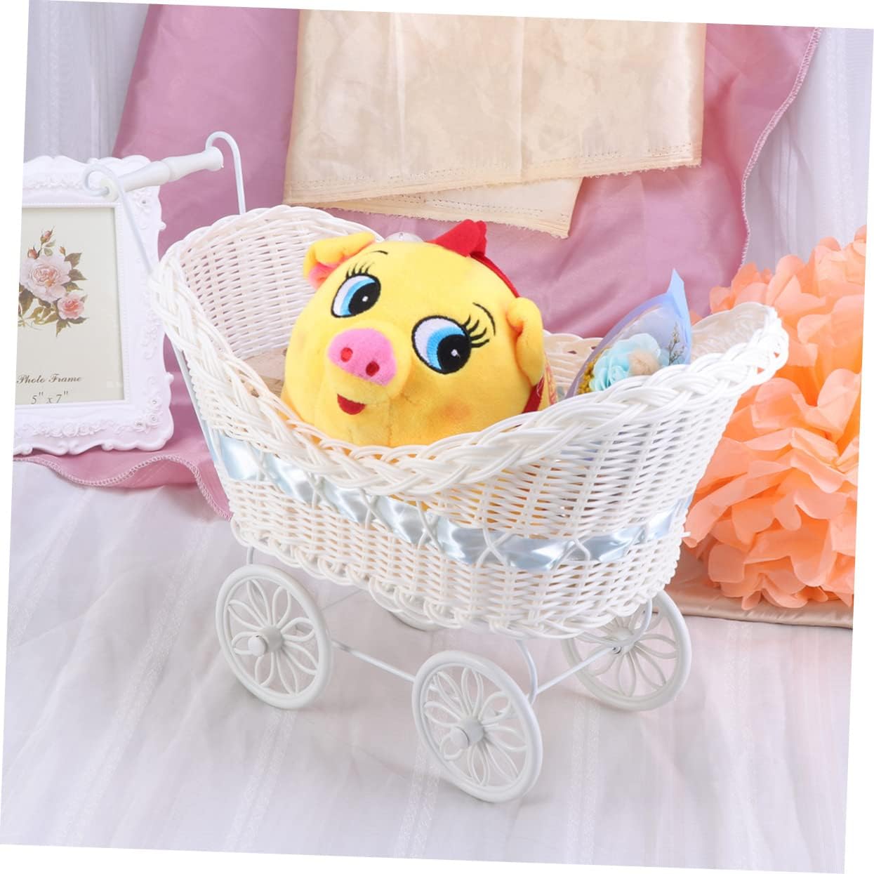 Cabilock Blue Rattan Mini Stroller Flower Basket Cane Cloth Knitted Tricycle Ornament Vintage Carriage Decor for Wedding Shower Birthday Party Home and Outdoor Furnishing