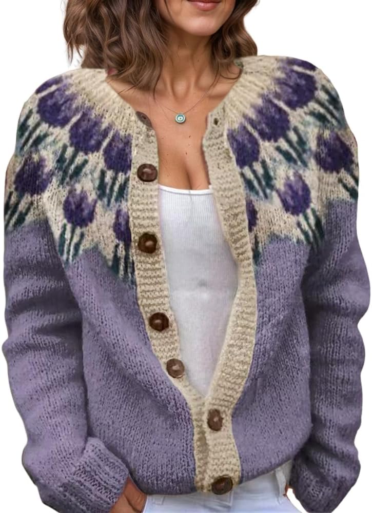 Womens Colorful Fair Isle Cardigan Sweater Button Down Christmas Oversized Cute Vintage Knit Cardigan for Women