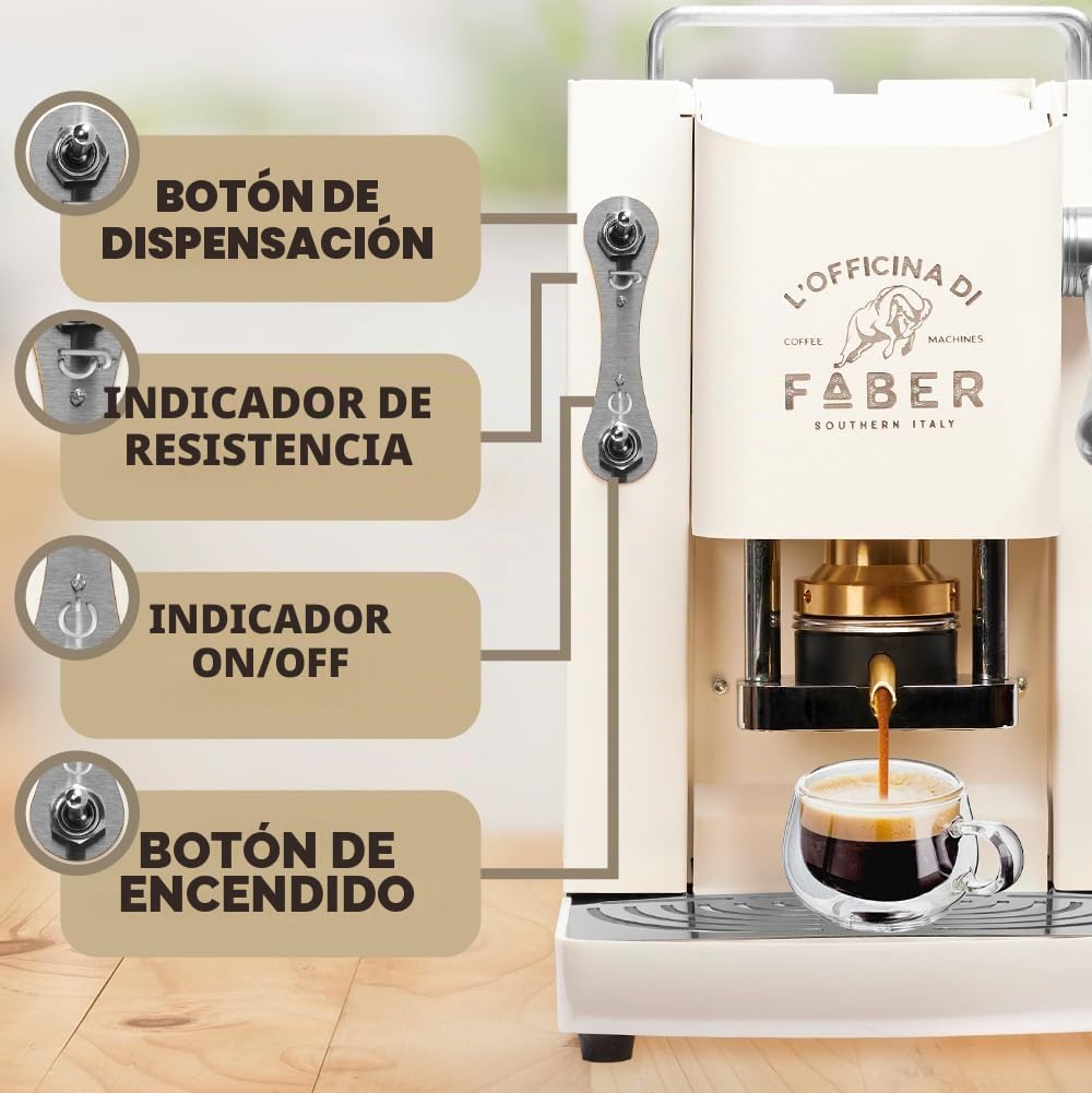 FABER COFFEE MACHINES | Modelo Pro Deluxe | Cafetera monodosis ese 44 mm | acabados cromo | Prensacialda de latón (Pure White)
