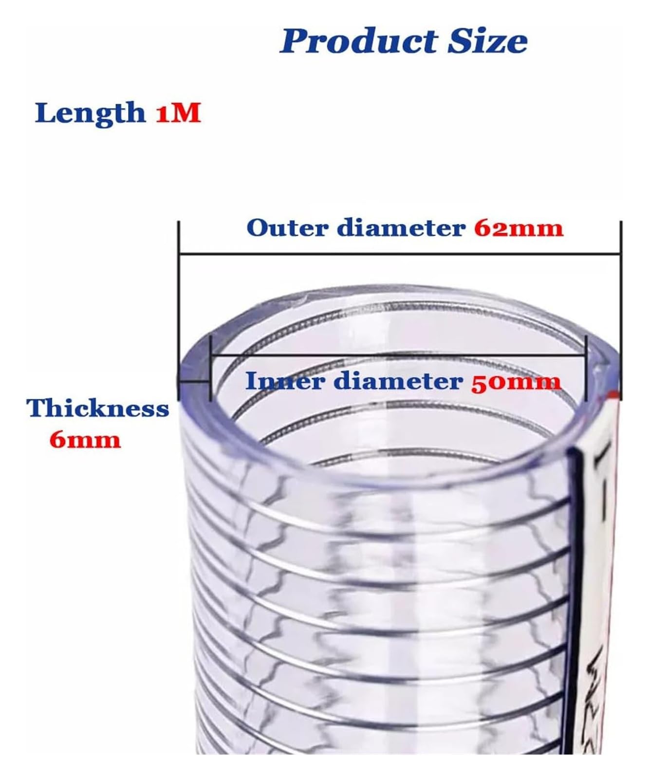 Tubo de PVC Tubo de alambre de acero flexible, Manguera de alambre acero transparente, manguera 1M for transferencia bomba riego jardín, tubo plástico, tubería agua Flexible(50mm x 6mm)