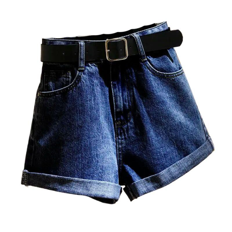 Pantalones cortos de mezclilla casuales de cintura alta para mujer, estilo coreano, azul, M
