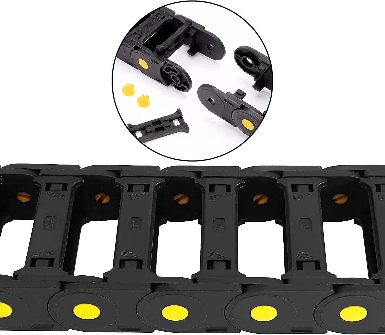 FUNSUEI 2 PCS 25mm x 70mm(Inner H x Inner W) Black Plastic Cable Wire Carrier Drag Chain, Drag Chain with Yellow Dot 1M Length for CNC Machine Tool, Electronic Equipment, Bridge Type