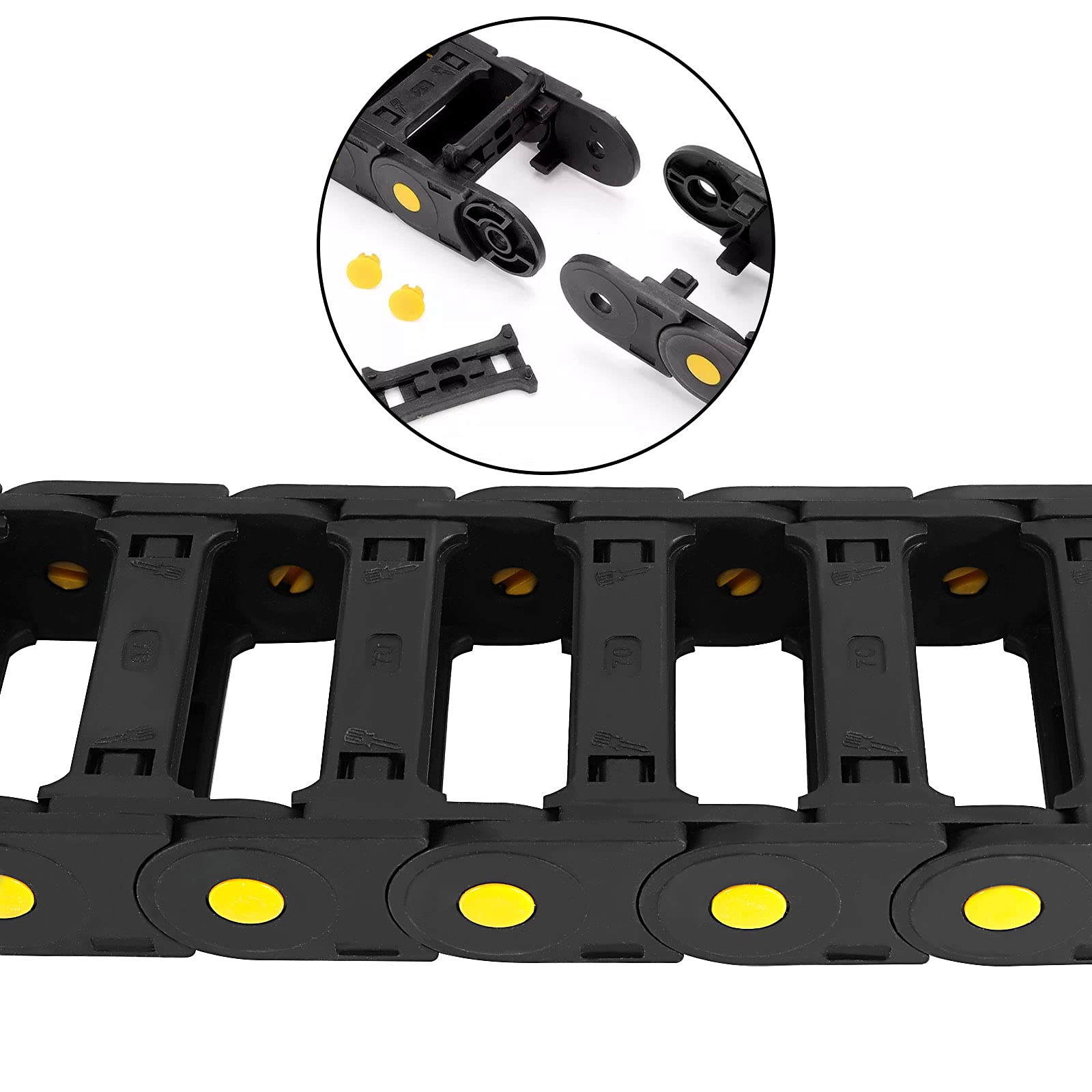 FUNSUEI 2 PCS 25mm x 70mm(Inner H x Inner W) Black Plastic Cable Wire Carrier Drag Chain, Drag Chain with Yellow Dot 1M Length for CNC Machine Tool, Electronic Equipment, Bridge Type 2