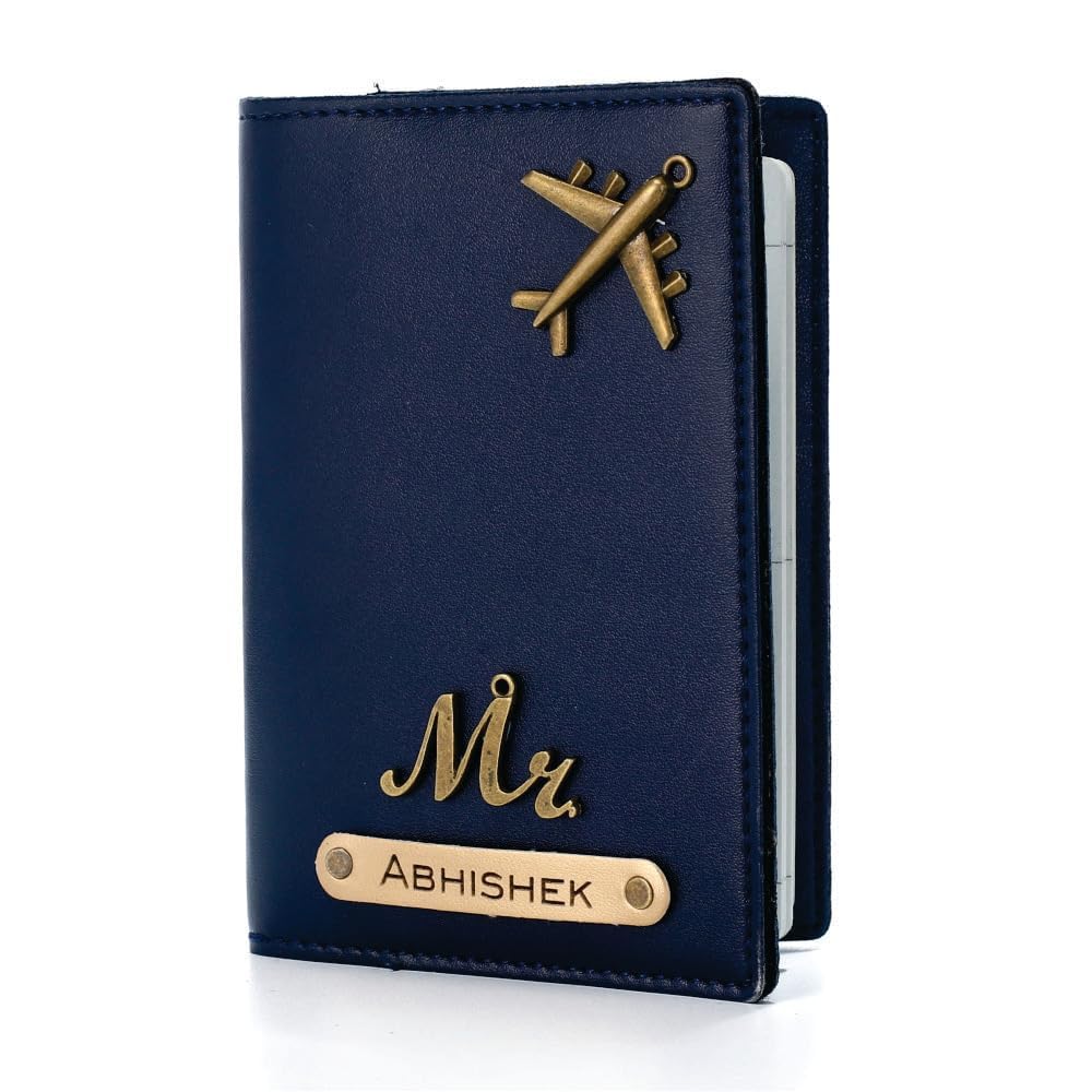 Personalised Name & Charm Leather Passport Cover Holder for Men & Women - Blue - Customised Passport Holder for Gift