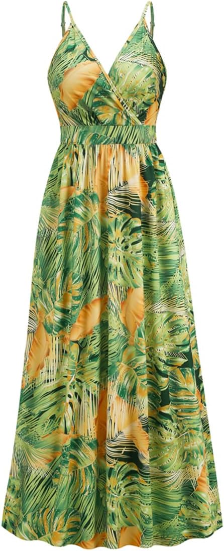 Chaos World Hawaiian Dresses for Women Boho Maxi Dress V-Neck Floral Summer Dress Beach Spaghetti Strap - Image 4