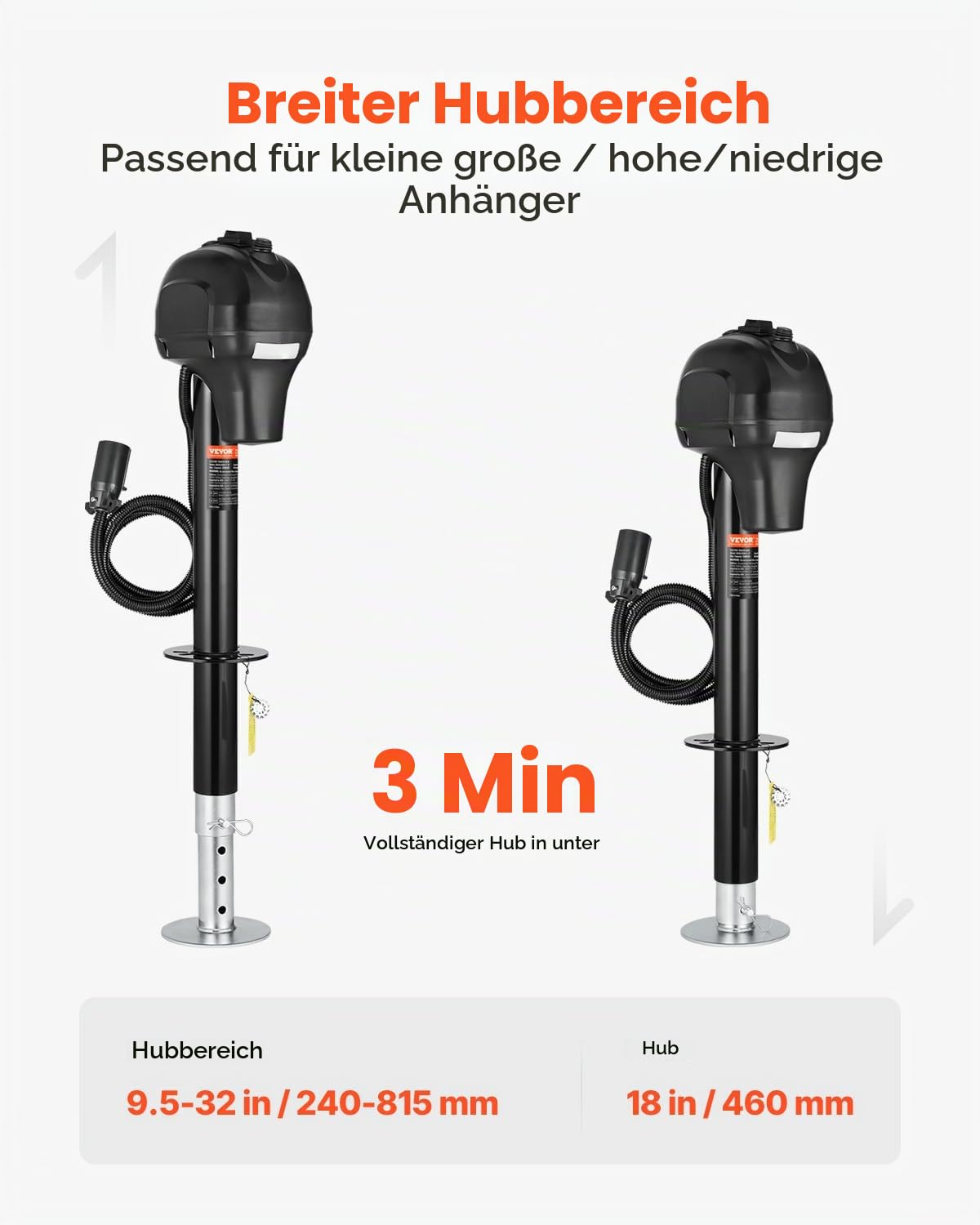 VEVOR Elektrischer Anhängerheber, 1588 kg, Hochleistungs-Anhängerstütze mit 7-poligem Stecker, manueller Kurbel & Wagenheberabdeckung, 240-815 mm Hub, für Anhänger, Wohnmobile & Wohnwagen, schwarz