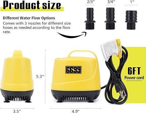 Submersible Pump 600GPH Ultra Quiet Water Fountain Pump Max Lift Height Up to 9FT with 6FT Power Cord 3 Nozzles for Fish Tank Pond Aquarium Statuary Hydroponics AQP 600(600GPH)