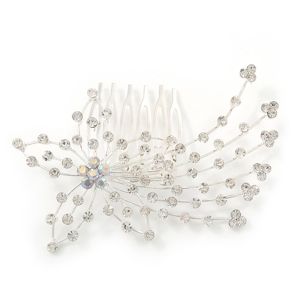 Statement Bridal/Wedding/Prom/Party Rhodium Plated Clear Diamante Sculptured Flower Crystal Hair Comb - 9cm Width