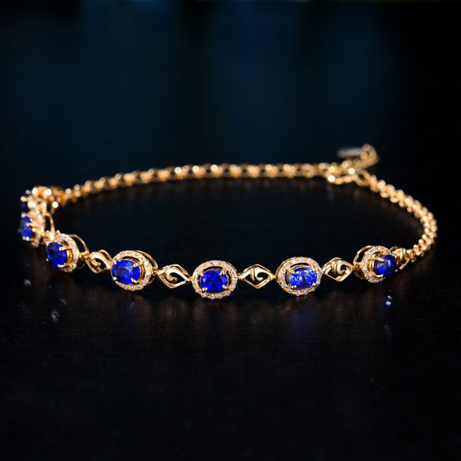 Pulseras Oro Amarillo 9 Kilates / 14 Kilates / 18 Kilates Mujer, Rombo Hueco y Oval con Zafiro Creado de 1,9 ct y Diamante, Cadena Extensible 16 CM + 5 CM, Pulseras de Oro Azul de Mujer