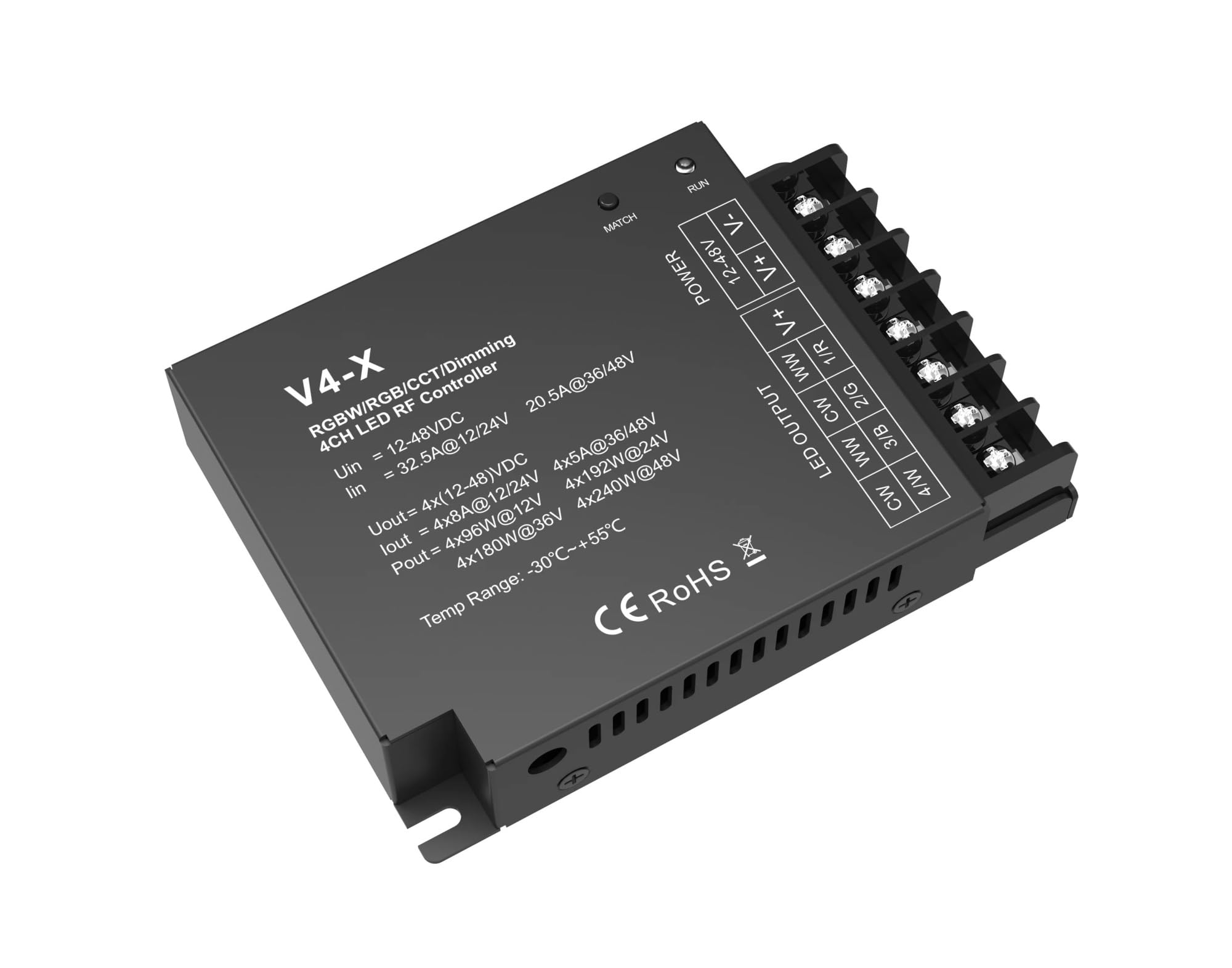 Atenuador LED V4-X contra parpadeos para regular tiras RGBW de 4 canales con mando a distancia