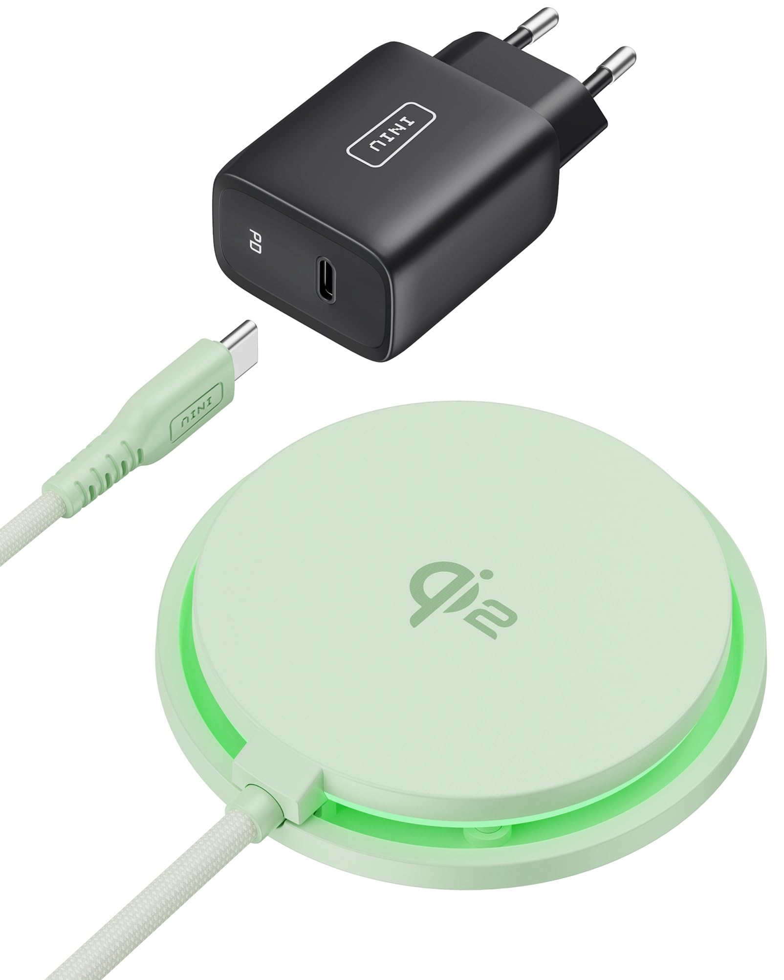 INIU 15W Certificato Qi2 Mag-safe Wireless Charger Menta, Caricatore Senza Fili per iPhone 16 Pro, 15, 14, 13, 12 Plus & AirPods Pro 4/3/2 – Include Cavo USB-C e Adattatore