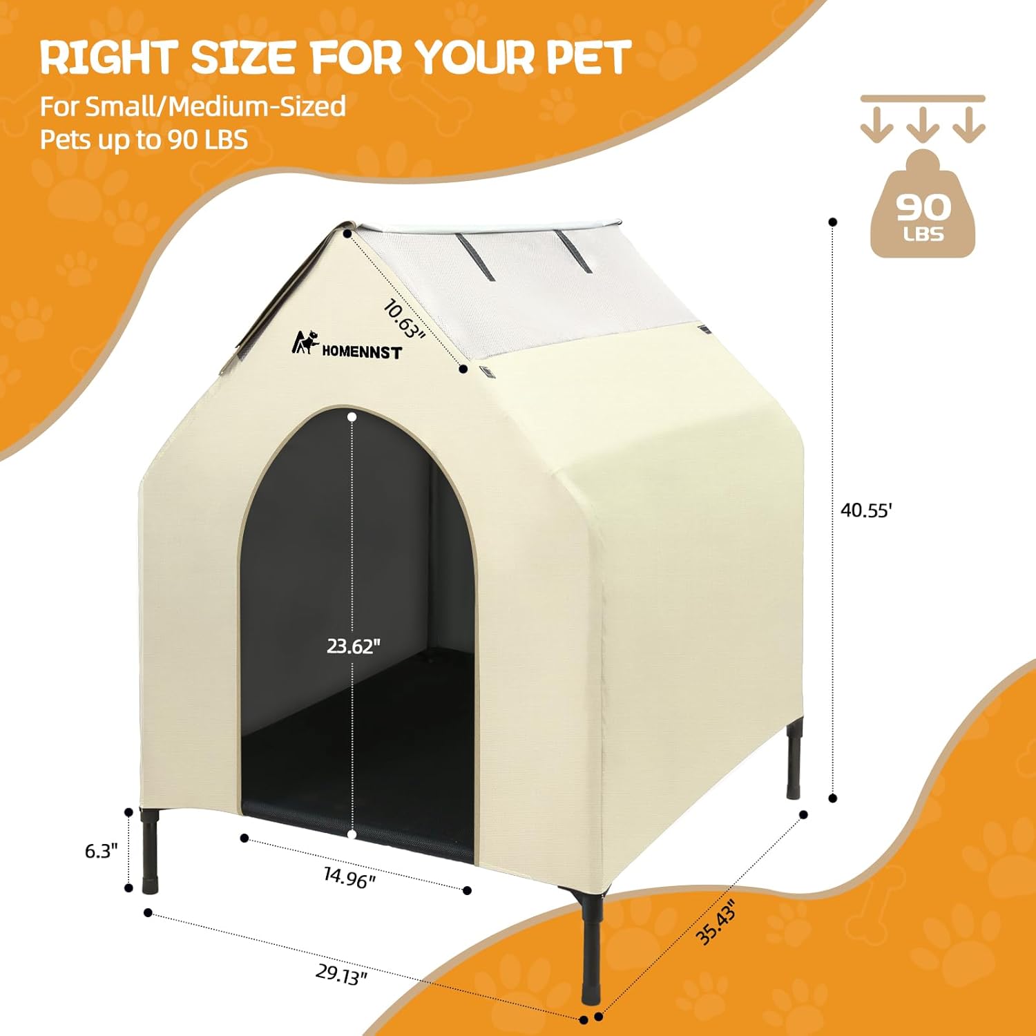 Outdoor Dog House, 2-in-1 Dog House for Small/Medium Dogs, Thicken Weatherproof Canopy Puppy Shelter Elevated Dog Bed with Windows (White, 36 Inch)