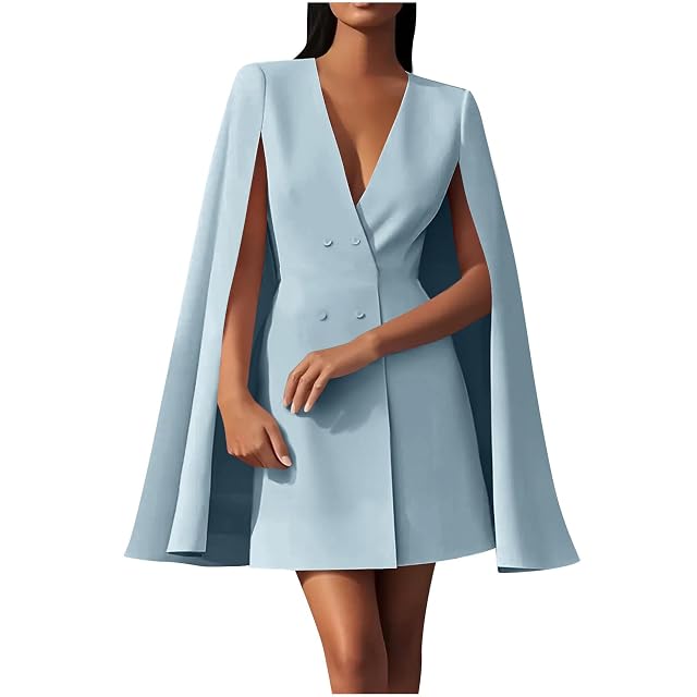 Womens V Neck Double Breasted Cape Blazer Split Sleeve Elegant Blazer Dress Solid Color Formal Modest Dresses