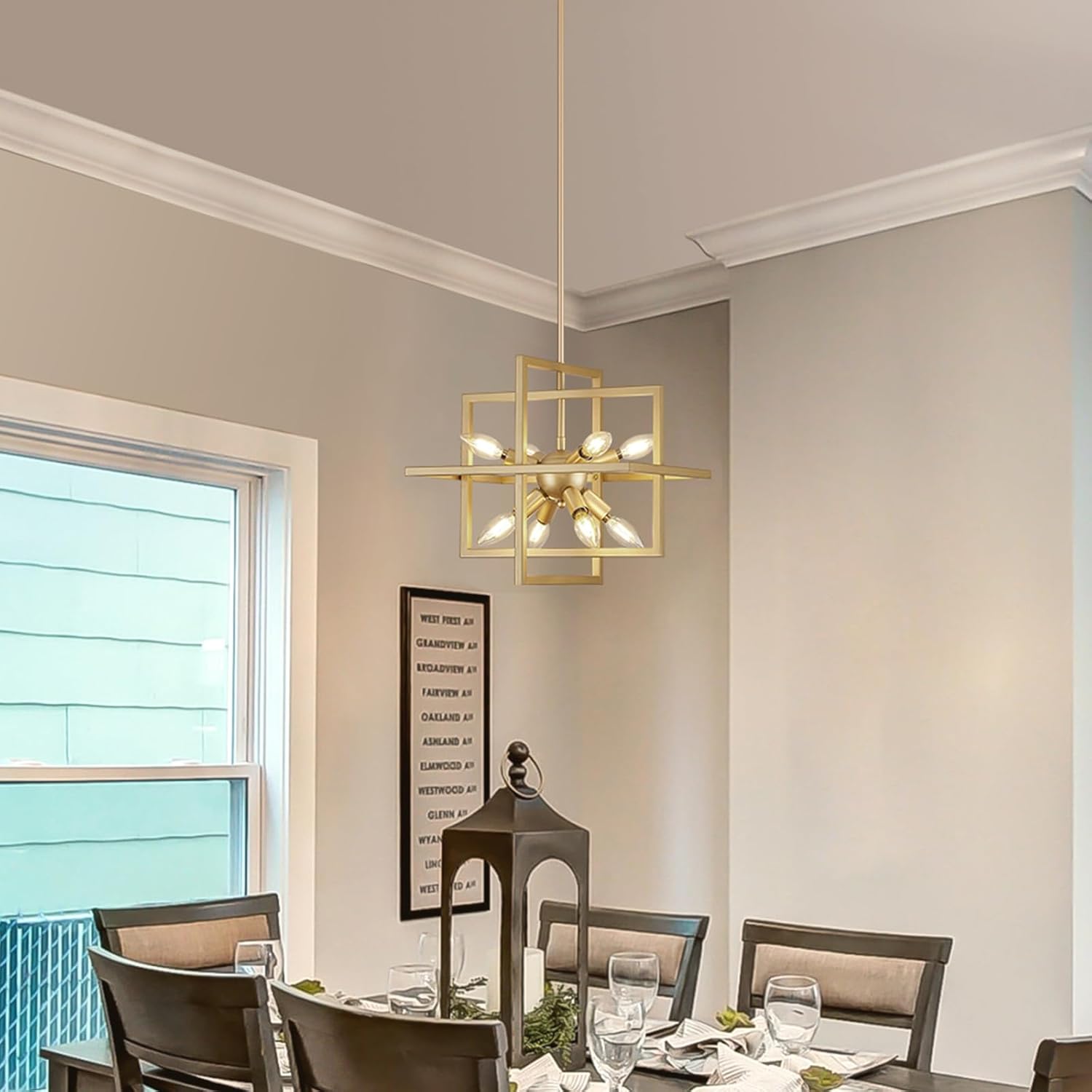 8 Lights Gold Chandelier, Farmhouse Dining Room Light Fixture, Small Modern Chandeliers, Industrial Geometric Hanging Pendant Light for Kitchen Island, Bedroom, Living Room, Foyer, Hallway