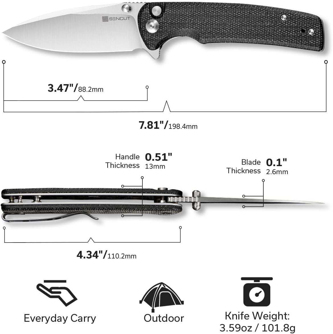 SENCUT Sachse Pocket Knife Folding Knife for EDC, Black Micarta Handle Satin 9Cr18MoV Blade Foldable Small Knife with Clip, Button Lock Everyday Carry Knife for Men Women Indoor Outdoor Gift S21007-1