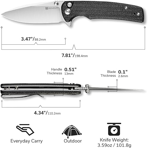 Miniatura 7 de SENCUT Sachse Pocket Knife Folding Knife for EDC, Black Micarta Handle Satin 9Cr18MoV Blade Foldable Small Knife with Clip, Button Lock Everyday