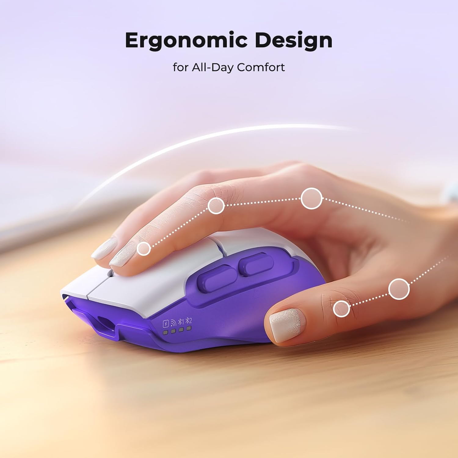 MEETION Wireless Mouse for Laptop, USB and Bluetooth Connectivity, 4 Adjustable DPI, Rechargeable, Ergonomic Mouse for Laptops, iPad, Compatible with Windows, MacOS, Android, iOS, Purple White Purple White BT&USB