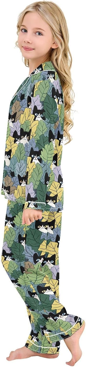Cute Cat on Leaves Satin Pajama Sets Long Sleeves Nightwear Button Down Sleepwear