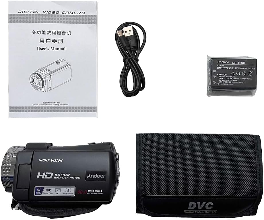 Andoer V12 Camcorder package contents including camera, manual, cable, battery, and bag
