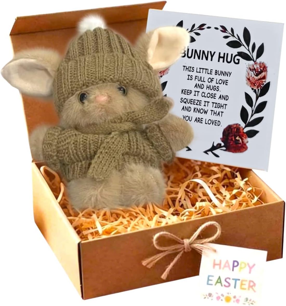 Easter Plush Knitted Bunny Boxed Gift, Handmade Mini Bunny Hug, Soft Stuffed Pocket Rabbit Toy, Cute Easter Rabbit Decor with Inspirational Card, Heartfelt Easter Present for Friends and Family