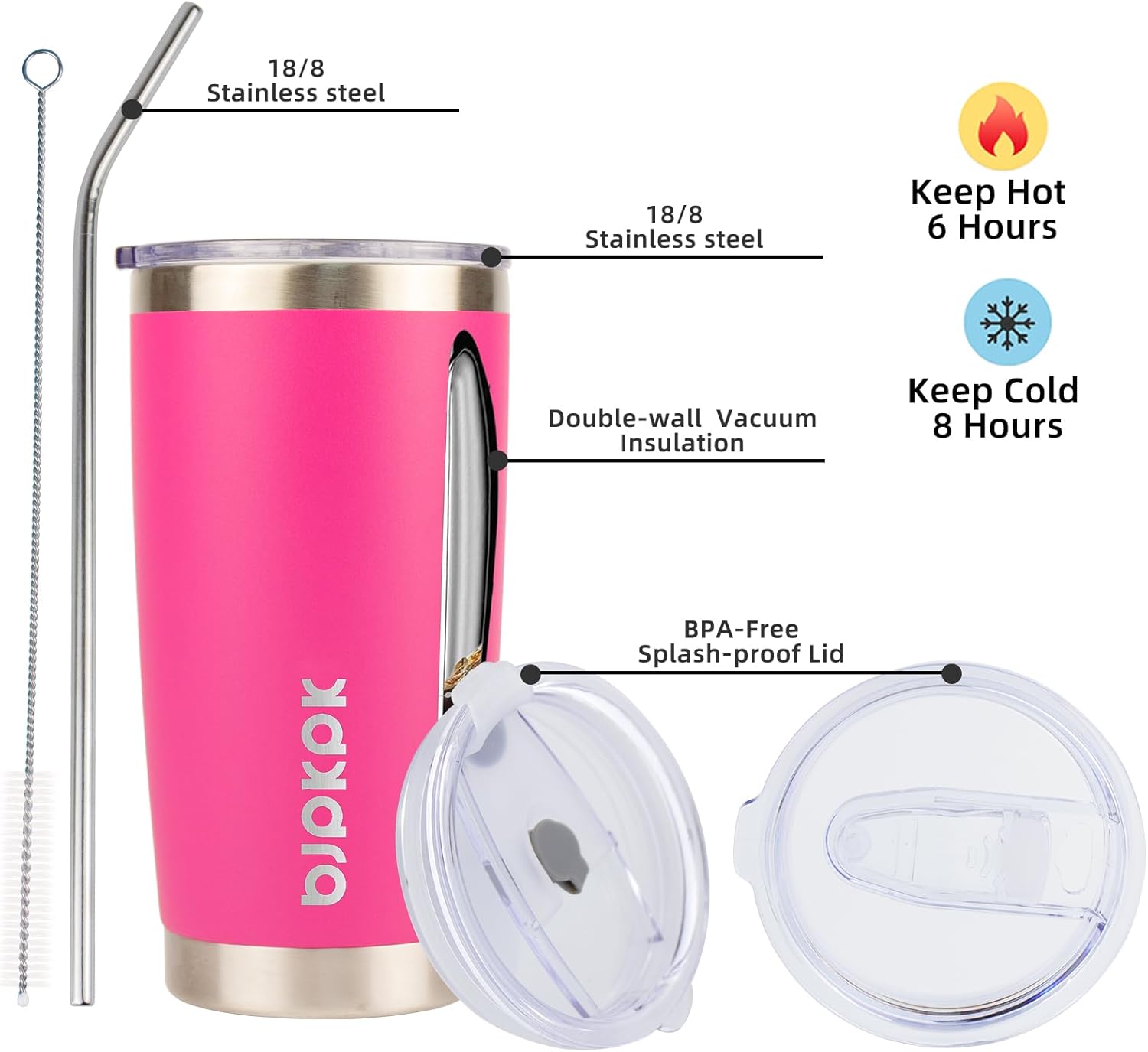 BJPKPK 20 oz Insulated Tumblers With Lid And Straw Travel Coffee Mug Tumbler Cup,Pink - Image 2