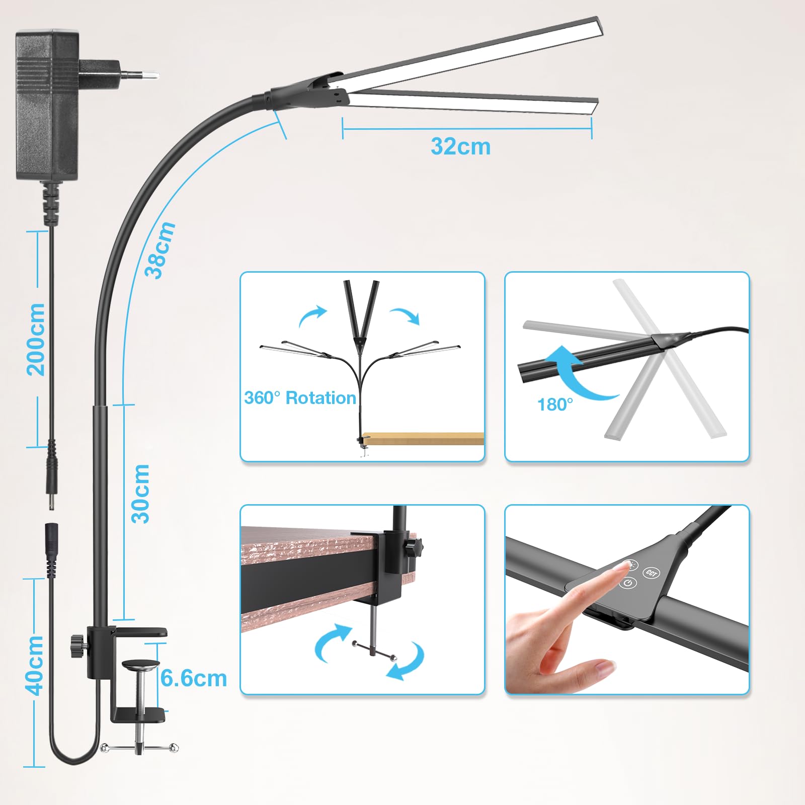 Hensam Lampada da tavolo LED potente, dimmerabile lampada a clip architetto, 5 modalità di colore, protezione occhi luce scrivania touch controllo per PC lavoro, studio, nero
