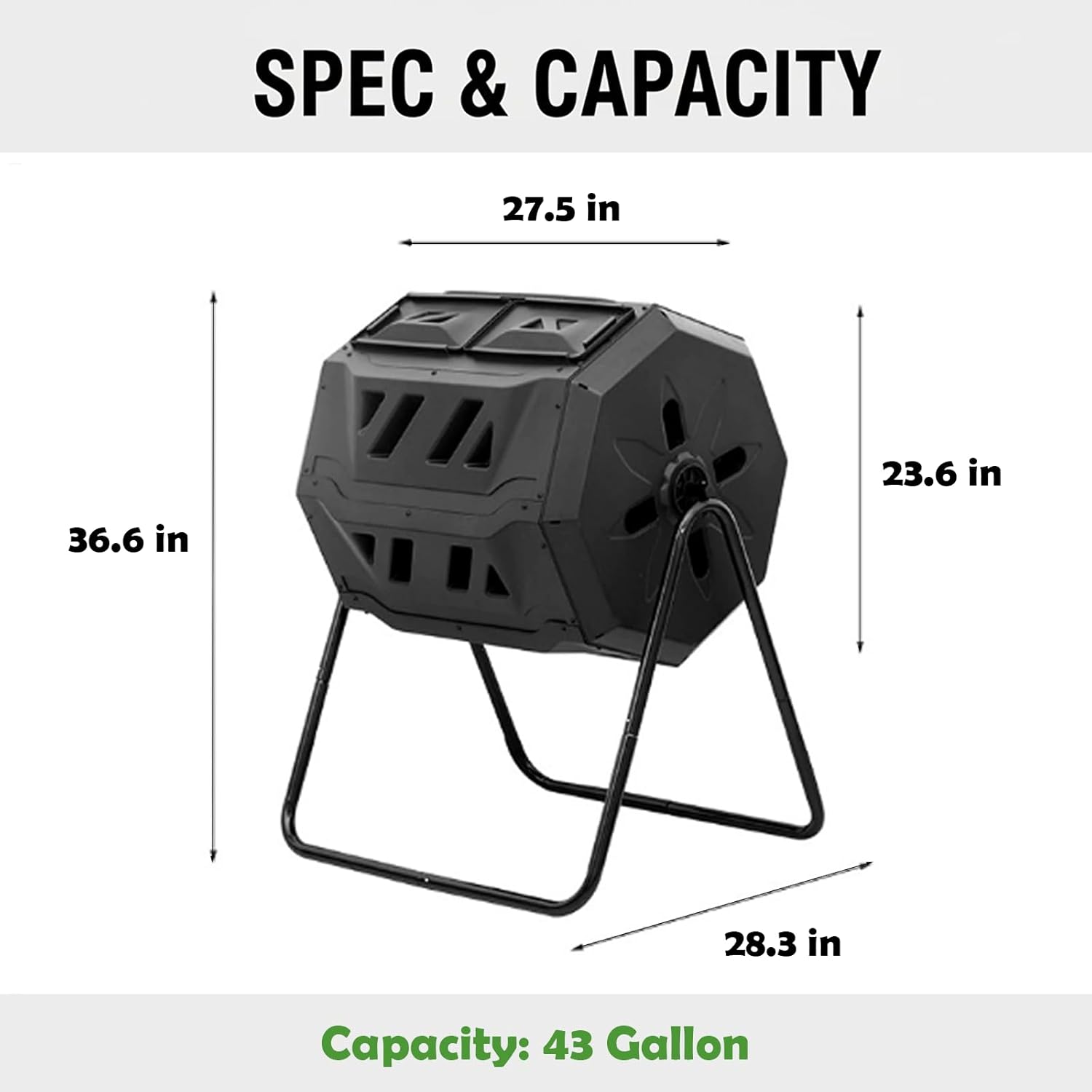 Outdoor Tumbling Composter, 43 Gallon Black Door, Fast Assemble Tumbling Composter, Dual Chamber Composter Tumbler, Rotating Compost Bin for Outside, Backyard, Garden and Yard