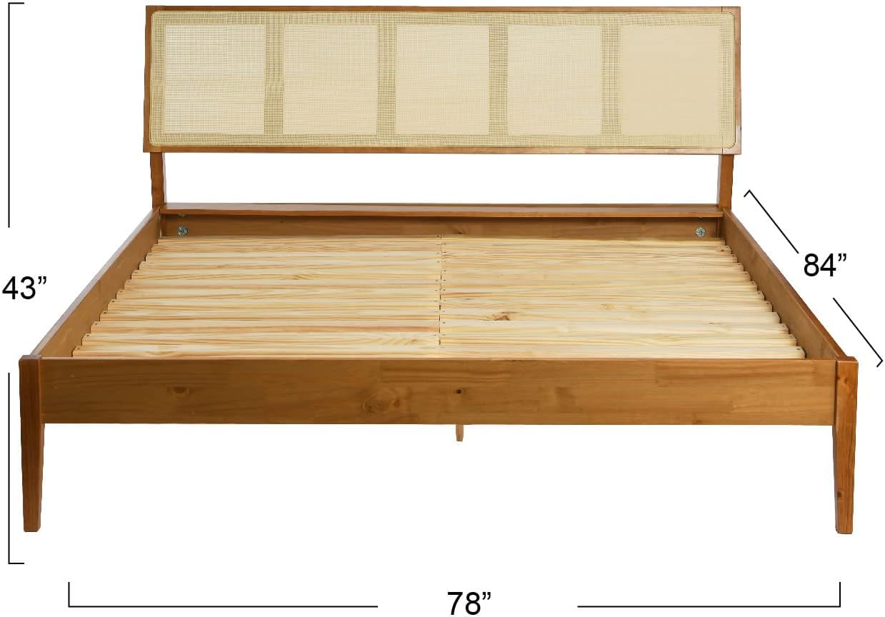 Creative Co-Op Crawford Modern Solid Wood Bed with Woven Cane Headboard, Light Brown Finish, King