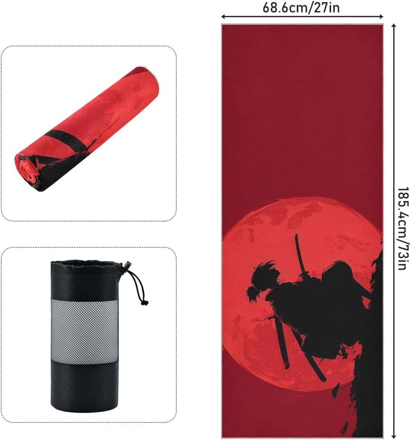 Hot Yoga Towel Samurai Silhouette – Stylish, Non-Slip, Grip Dots, Super Absorbent, 27" x 73" - Yoga Mat Towels for Exercise, Fitness