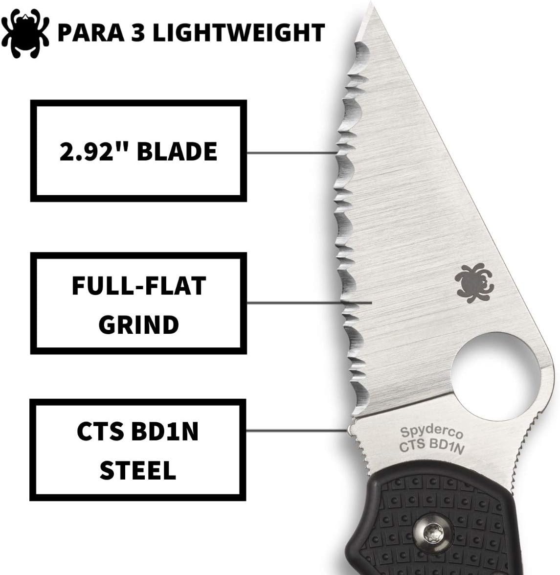 Spyderco Para 3 Lightweight Folding Pocket Knife with 2" CTS BD1N Steel Blade and FRN Handle - EDC Knife for Men and Women, Perfect for Hunting, Tactical, Camping, Survival - SpyderEdge - C223SBK