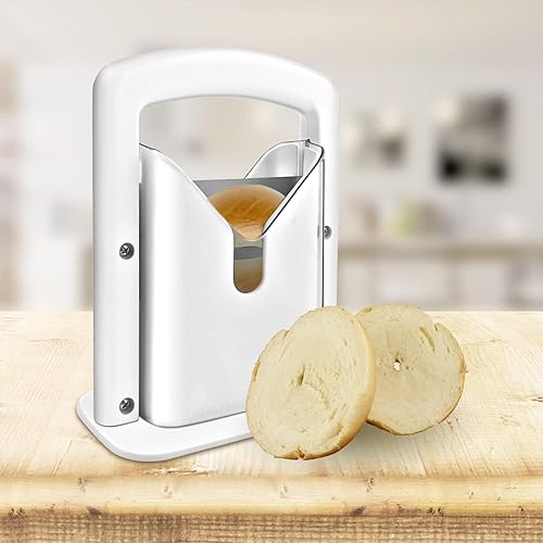 Miniatura 2 de Cortador de bagel, perfecto para bagels, agarre seguro, cortador de guillotina, escudo de seguridad, acero inoxidable (blanco)
